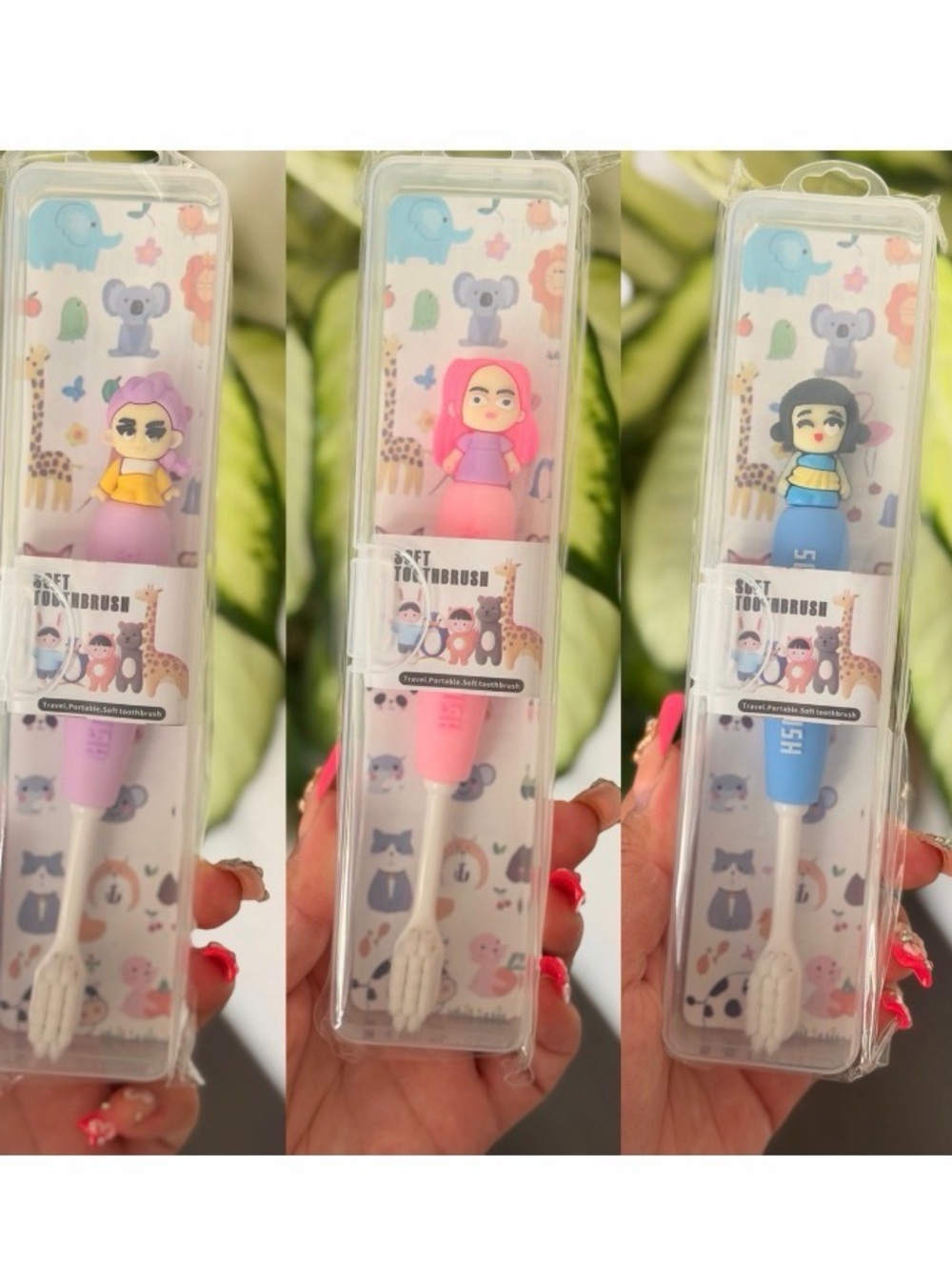 3pc Kids Soft Toothbrush with Cute Doll Top - Pink / Blue / Purple